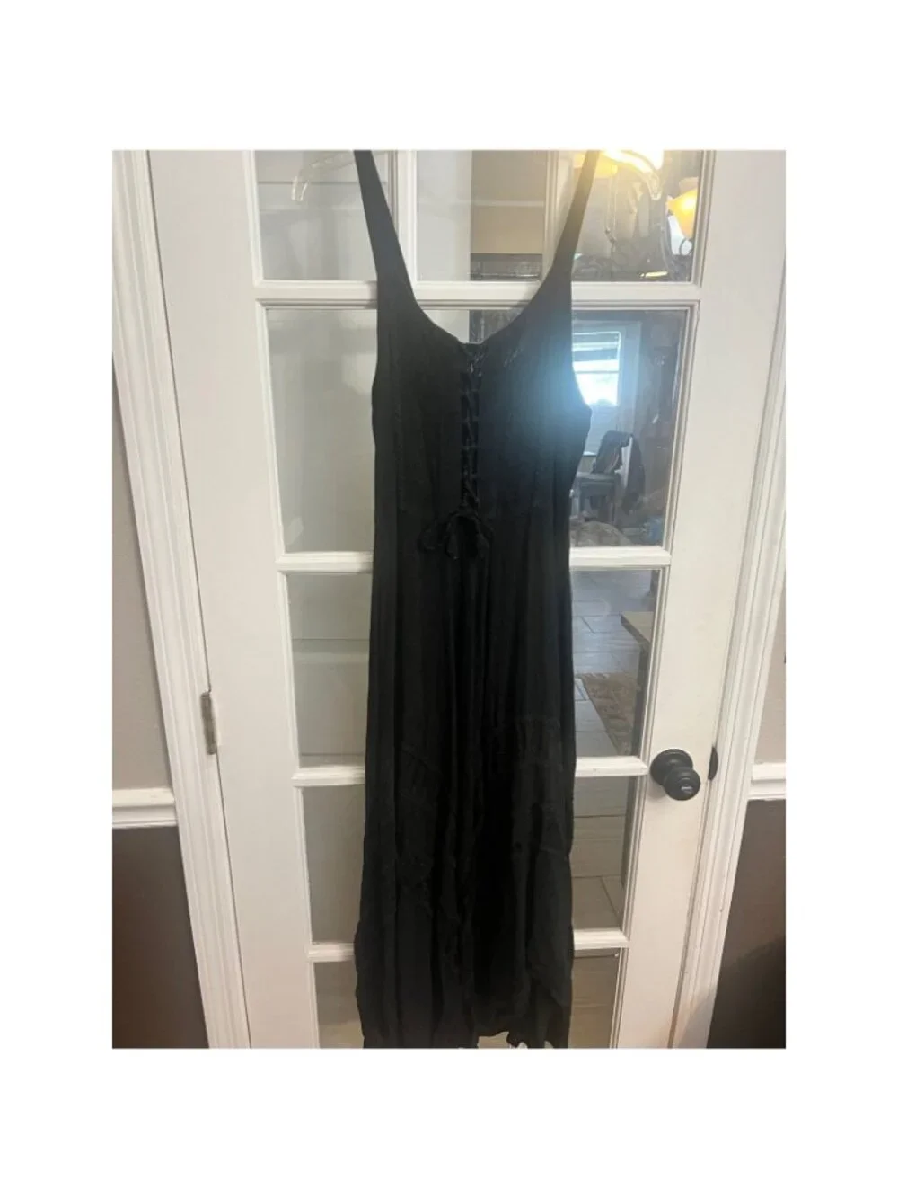 Black Boho Lace Up Maxi Dress Embroidered Smocked Back Free Size REN Fair witchy - Picture 2 of 7
